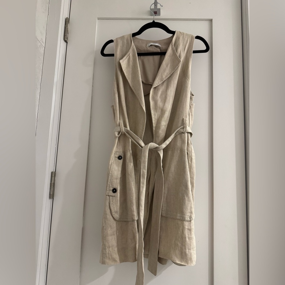 Mango Linen Blend Sleeveless Trench Vest XS Beige Belted Long Vest